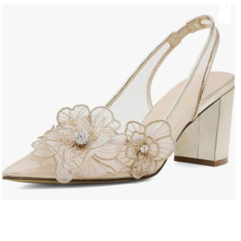 XYD Light Gold Pointed Toe Flowers Pumps Translucent Mesh Block High Heel
